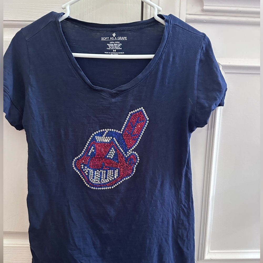MLB Cleveland Indians Chief Wahoo Baseball Bling Blue T-shirt Top